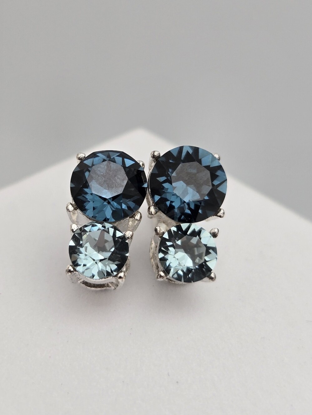 Blue Crystal Two Tier Drop Earrings Dark Light Blue Round 1/2" TJG